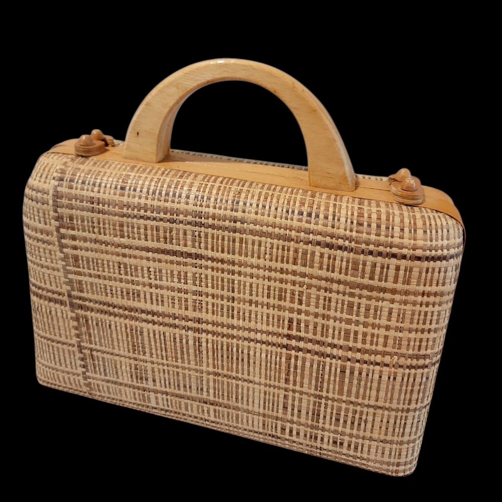 Vintage Wicker/Raffia‎ Box Purse Wooden Handle & Latch